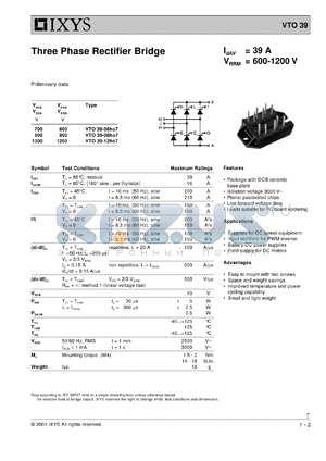 VTO39-06HO7 datasheet - 600V three phase rectifier bridge