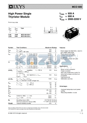 MCO600-20IO1 datasheet - 2000V high power single thyristor module