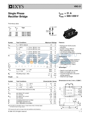 VBO21-12NO7 datasheet - 1200V single phase rectifier bridge