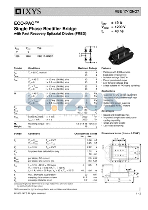 VBE17-12NO7 datasheet - 1200V ECO-PAC single phase rectifier bridge