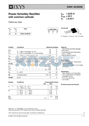 DSSK48-0025B datasheet - 25V power schottky rectifier with common cathode