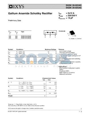 DGSK20-022AS datasheet - 220V gallium arsenide schottky rectifier