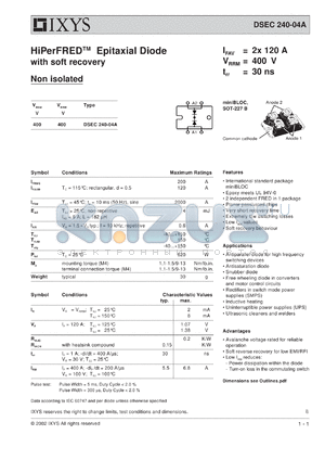 DSEC240-04A datasheet - 400V HiPerFRED epitaxial diode with soft recovery