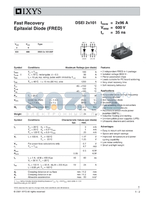 DSEI2X101-06P datasheet - 600V fast recovery epitaxial diode (FRED)