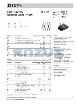 DSEI2X61-12P datasheet - 1200V fast recovery epitaxial diode (FRED)