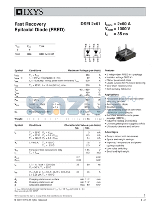 DSEI2X61-10P datasheet - 1000V fast recovery epitaxial diode (FRED)