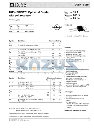 DSEP15-06B datasheet - 600V HiPerFRED epitaxial diode