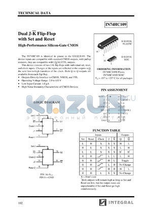 IN74HC109N datasheet - Dual J-K flip-flop with set and reset, high-performance silicon-gate CMOS