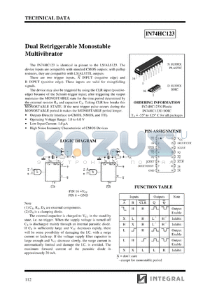 IN74HC123D datasheet - Dual retriggerable monostable multivibrator
