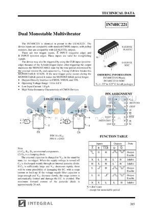 IN74HC221N datasheet - Dual monostable multivibrator