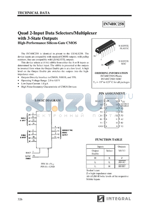 IN74HC258N datasheet - Quad 2-input data selector/multiplexer with 3-state outputs, high-performance silicon-gate CMOS