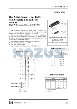 IN74HC367N datasheet - Hex 3-state noninverting buffer with separate 2-bit and 4-bit sections, high-performance silicon-gate CMOS