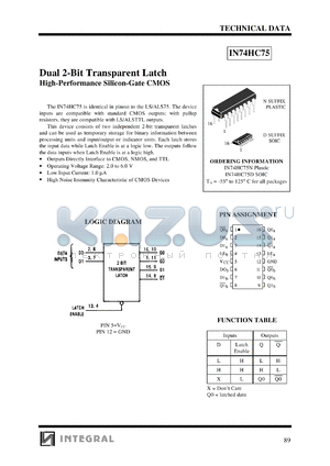 IN74HC75N datasheet - Dual 2-bit transpapent latch, high-performance silicon-gate CMOS
