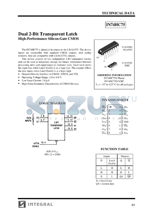 IN74HC75D datasheet - Dual 2-bit transpapent latch, high-performance silicon-gate CMOS