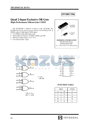 IN74HCT86N datasheet - Quad 2-input exclusive OR gate, high-performance silicon-gate CMOS