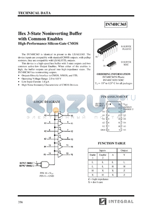 IN74HC365N datasheet - Hex 3-state noninverting buffer with common enables, high-performance silicon-gate CMOS