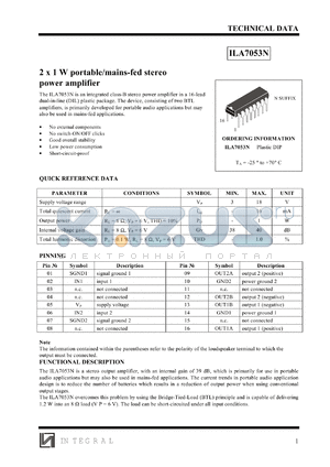 ILA7053N datasheet - 2 x 1 W portable/mains-fed stereo power amplifier