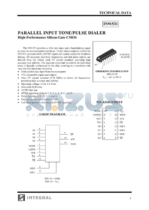 IN915531N datasheet - Parallel input tone/pulse dialer, high-performance silicon-gate CMOS