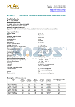 P6CUI-240515Z datasheet - Input voltage:24V, output voltage 5/15V (100/33mA), 1KV isolated 1W unregulated dual separate output