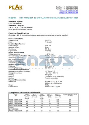 P8SG-2415EH52M datasheet - Input voltage:24V, output voltage 15V (100mA), 5.2KV isolated 1.5W regulated single output