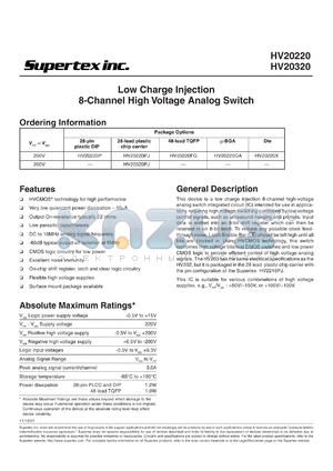 HV20320FG datasheet - 200V low charge injection 8-channel high voltage analog switch