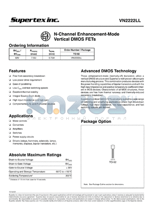 VN2224LL datasheet - 60V N-channel enhancement-mode vertical DMOS FET