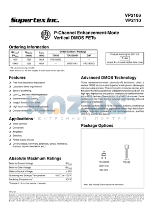 VP2111K1 datasheet - 100V P-channel enhancement-mode vertical DMOS FET