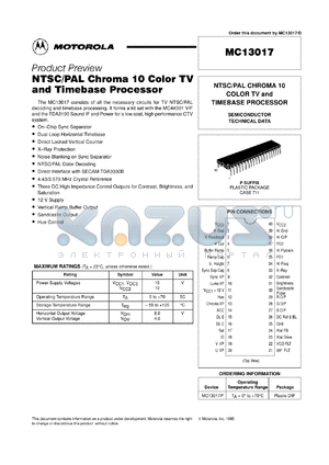 MC13017P datasheet - NTSC/PAL chroma 10 color TV and tlmebase processor