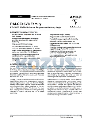 PALCE16V8H-15JI/4 datasheet - EE CMOS 20-Pin universal programmable array logic, 15ns