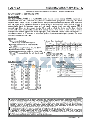 TC554001AFT-85V datasheet - 524, 288 words x 8 bit static RAM, access time 85ns