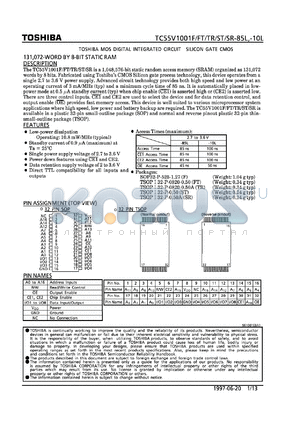 TC58V1001ST-10L datasheet - 131,072-word by 8 bit static RAM, 100 ns