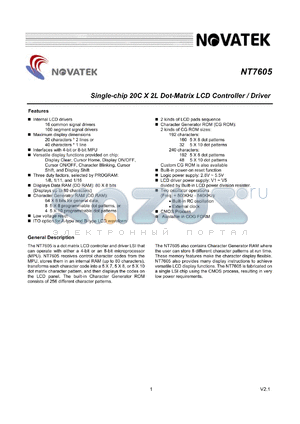 NT7605H-BDT01 datasheet - Single-chip 20C x 2L dot-matrix LCD controller/driver