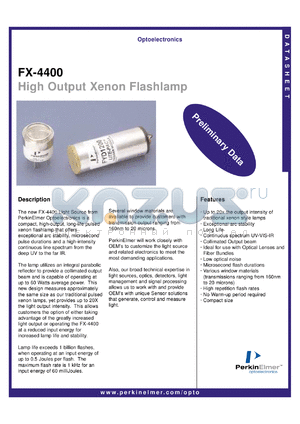 FX4400 datasheet - High output xenon flashlamp. Window material borosilicate, average power 60 watts, voltage 400-1000 Volts.