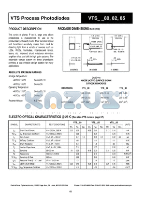 VTS3080 datasheet - Process photodiode. Isc = 3 mA(typ), Voc = 0.45 mV(typ) at H = 1000 lux, 2850 K.