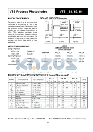 VTS3181 datasheet - Process photodiode. Isc = 1.50 mA(typ), Voc = 0.45 mV(typ) at H = 1000 lux, 2850 K.