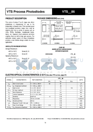 VTS3186 datasheet - Process photodiode. Isc = 80 microA(typ), Voc = 0.45 mV(typ) at H = 1000 lux, 2850 K.