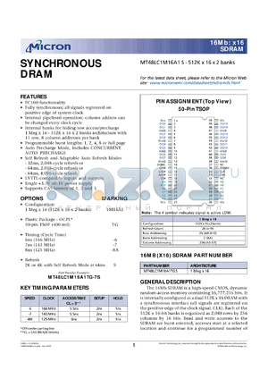 MT48LC1M16A1TG-8A datasheet - 512 K x 16 x 2banks, 125MHz synchronous DRAM