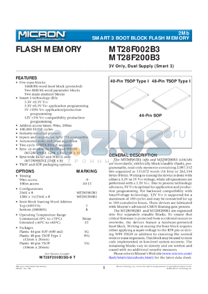 MT28F002B3VG-9B datasheet - 256K x 8; 3V only, dual supply, smart 3 boot block flash memory