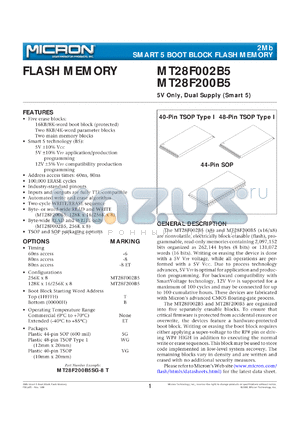 MT28F200B3SG-6T datasheet - 256K x 8; 5V only, dual supply, smart 5 boot block flash memory