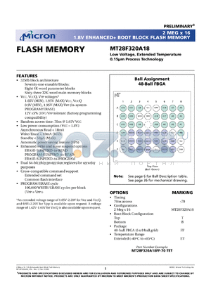 MT28F320A18FF-70B datasheet - 2Meg x 16;  low voltage, extended temperature flash memory