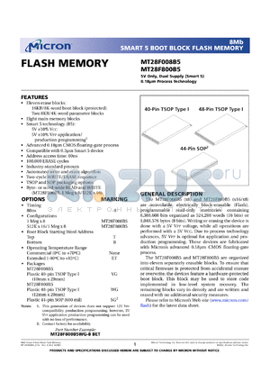 MT28F008B5VG-8BET datasheet - 1Meg x 8; 5V only, dula supply, smart 5 boot block flash memory