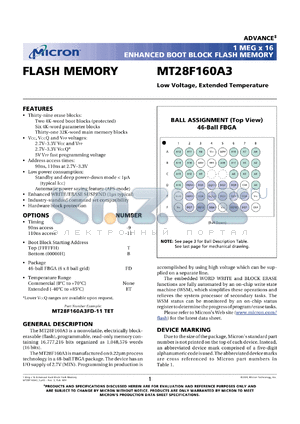 MT28F160A3FD-11TET datasheet - 1Meg x 16 page flash; 0.9-2.2V enhanced boot block flash memory