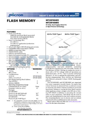 MT28F004B5WG-8T datasheet - 512K x 8, 143MHz 5V, smart 5 flash memory