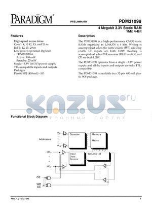 PDM31098SA8SOTR datasheet - 4 megabit 3.3V static RAM 1M x 4-bit