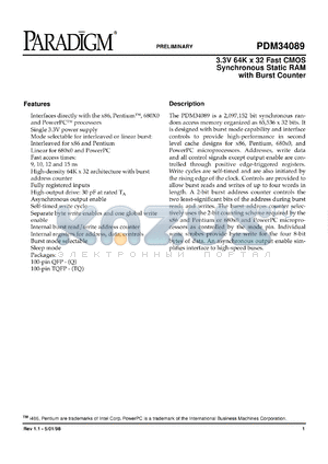 PDM34089SA7Q datasheet - 3.3V 64K x 32 fast CMOS synchronous static RAM with burst counter