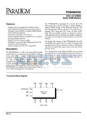 PDM4M4030S10Z datasheet - 64K x 32 CMOS static RAM module