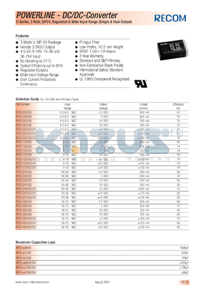 RP03-1233SE datasheet - 3W DC/DC converter with 9-18V input, 3.3/600mA output