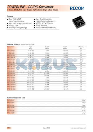 RP03-12005SH datasheet - 3W DC/DC converter with 40-170V input, 5/600mA output