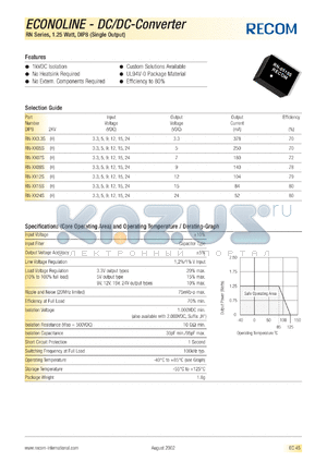 RN-3.33.3SH datasheet - 1.25W DC/DC converter with 3.3V input, 3.3/378mA output, 2kV isolation