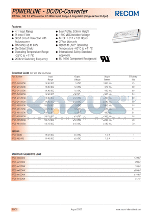 RP05-4824DE datasheet - 5W DC/DC converter with 8-40V input, +-5/1.5A output